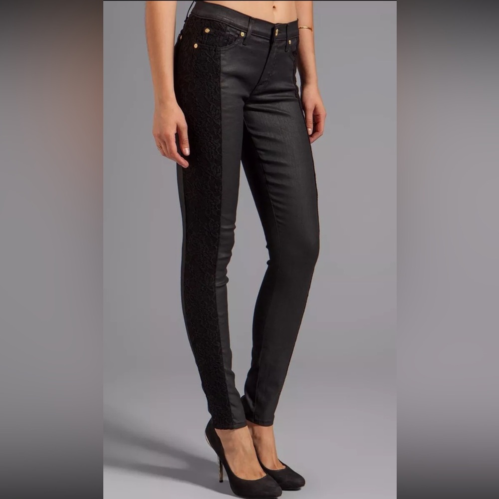7 for all Mankind The Skinny Second Skin Legging Jean Black Lace Coated size 26